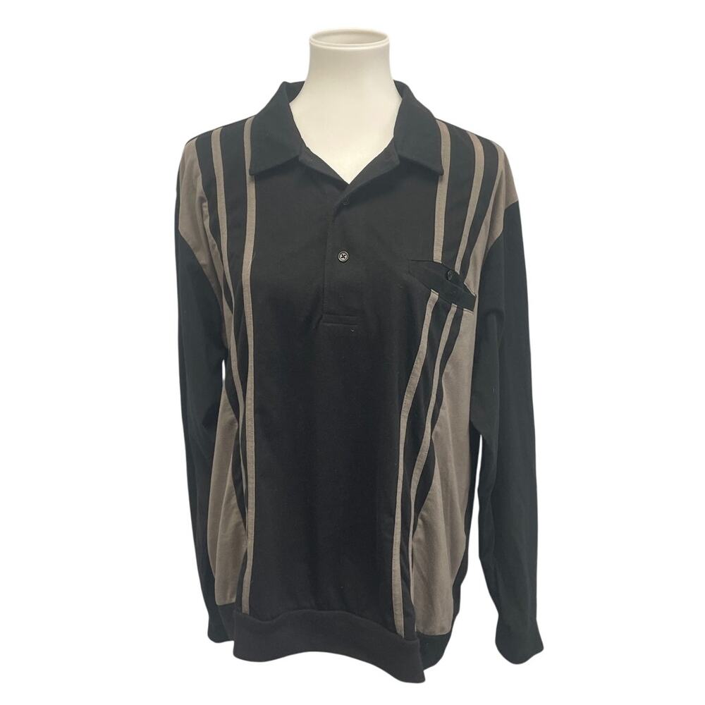 Casual Joe Mens XXL Black Gray PolyCotton Striped Long Sleeve Collar Polo Shirt